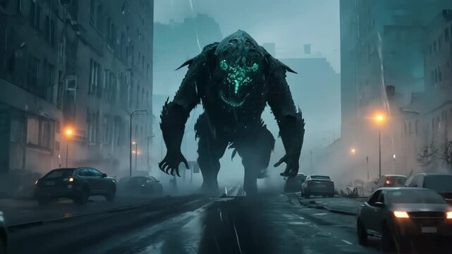 Abstract monster attack city. High quality 4k footage