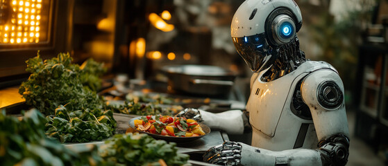 A futuristic robot preparing a colorful dish in a modern kitchen filled with fresh ingredients and advanced technology.