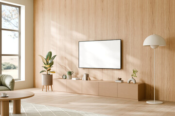 Modern minimalist living room with simple decor elements. 3d render.
