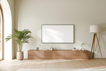 Modern Living Room with Wooden TV Cabinet and Plant. 3d render.