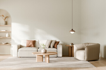 Modern living room with neutral tones and accents. 3d render.
