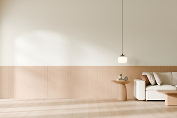 Minimalist living room with wooden floor and furniture. 3d render.