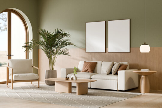 Modern living room interior with stylish furniture setup with 2 vertical empty frame. 3d render.
