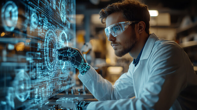 A scientist in a lab uses advanced technology to analyze data on a digital interface, showcasing innovation and research.