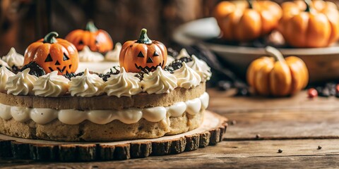  Halloween-themed cake with Jack-o'-lantern decorations and whipped cream on a rustic wooden base. Ideal for Halloween parties or autumn celebrations. Blurred pumpkins in the background create 