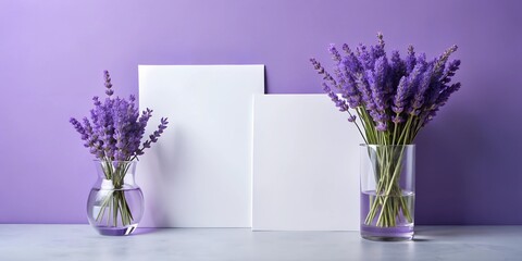 Lavender bouquet in a glass vase with two blank white cards on a lavender-colored background, perfect for wedding stationery mockup or branding materials. Copy space. Mock up