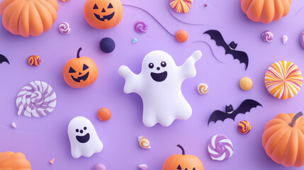 Cute Halloween card featuring playful ghosts and pumpkins, on a light pastel lavender backdrop with candy accents.