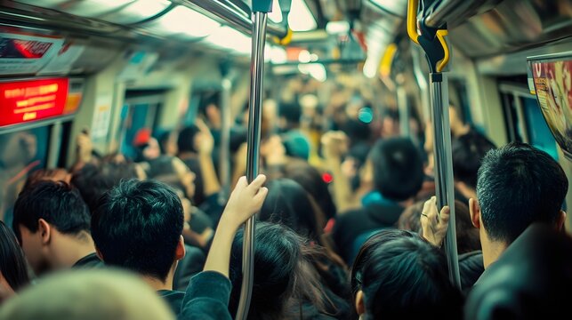 A photo of people holding onto the handrail in crowded public transportation emphasizing safety and interchange