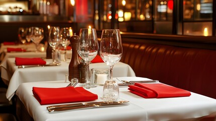 a red and white cloth table set in a restaurant 