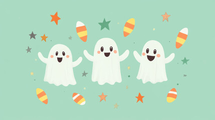 Cute Halloween card featuring playful ghosts and candy corn, on a light pastel green backdrop with stars.