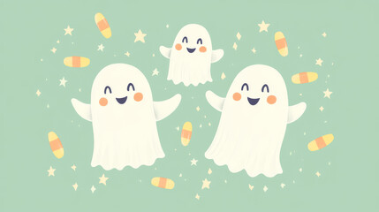 Cute Halloween card featuring playful ghosts and candy corn, on a light pastel green backdrop with stars.