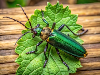 a photo image of a cerambycidae beetle with vibrant green elytra and black body, surrounded by foliage on a light brown wooden background.