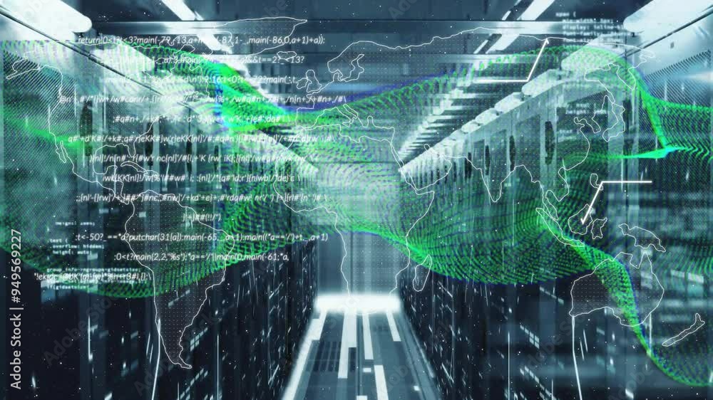 Poster animating global data network over servers in data center