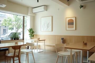 A minimalist caf? interior featuring wooden furniture and plants.