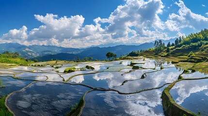Yunnan Rice Terraces: The stunning rice terraces of Yuanyang in Yunnan, reflecting the sky in their flooded fields.
