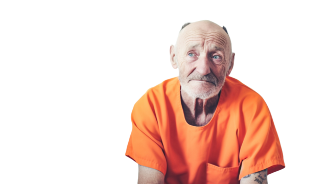 Elderly criminal in orange uniform sits isolated on transparent background PNG. 
