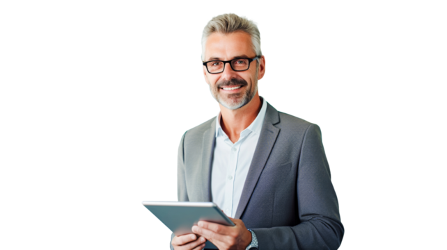 Happy middle aged business man ceo wearing suit standing on transparent background PNG.