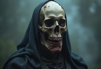 Portrait of an undead knight, with rotting flesh covering the skull, empty eye sockets