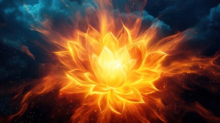 A vibrant lotus flower glows in shades of orange and yellow against a dark, mystical background, symbolizing beauty and rebirth.