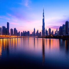 Obraz premium A skyline view at dusk, with skyscrapers lighting up and a river reflecting the city lights