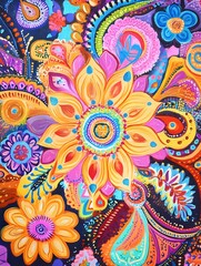 A vibrant, floral rangoli pattern with bright colors and intricate designs, set against a soft, glowing background