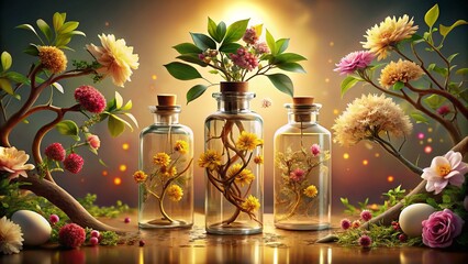 Vibrant blossoms of rare botanicals intermingle with crystalline vials of cutting-edge pharmaceuticals, bathed in soft golden light, evoking an aura 