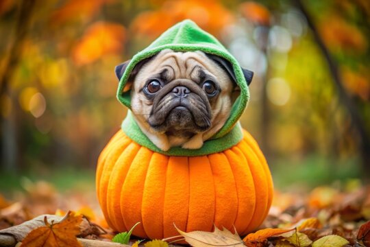 Cute Pug Dressed As Pumpkin For Halloween and Fall