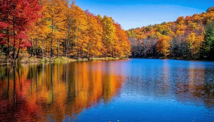 Fototapeta premium Fall Foliage Reflected in a Calm Blue Lake