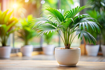Obraz premium Green Palm Plant In White Pot On Wooden Table With Blurred Background.