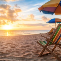 A sunset over a tropical beach, with colorful beach chairs and umbrellas lined up