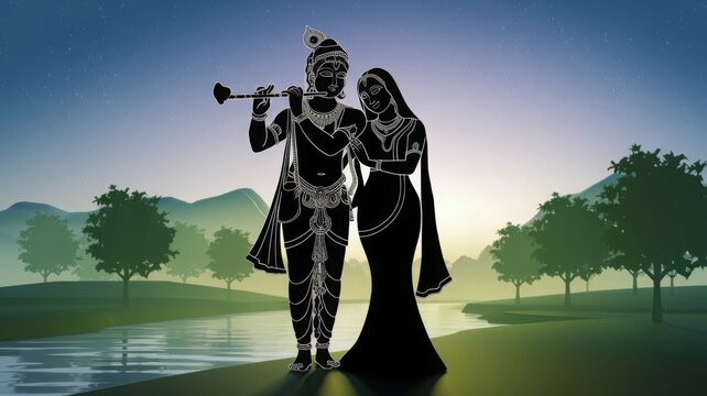 a 3d render of lord krishna playing a flute with radha rani