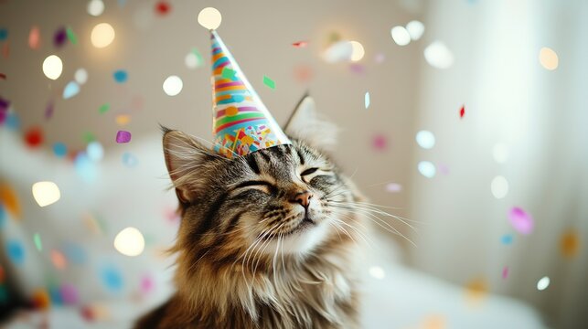 Happy Cute Animal Cat Wearing a Clown Hat, Celebrating New Year Celebration or Fancy Birthday Party, Lots of Balloons with Shiny Ribbons.