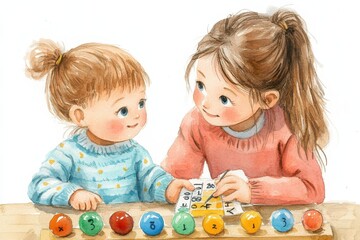 A charming watercolor painting of a young girl and toddler interacting with colorful numbered marbles and a wooden board, evoking a learning moment.