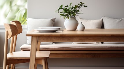 Mockup of white square cushion on white wooden vintage dining chair.  