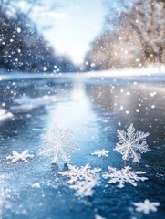 pristine snowflakes floating above a frozen pond, adding a magical touch to the serene winter scene. 