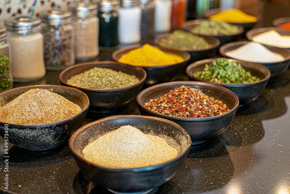 Poster a table displaying bowls filled with assorted spices in a kitchen setting, spices are expertly measu