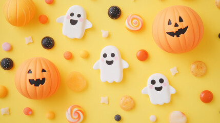 Adorable Halloween card featuring cute pumpkins and ghosts, on a soft pastel yellow backdrop with candy accents.