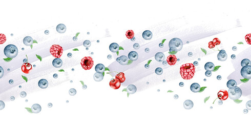 Lightweight Seamless Banner. Bright Blueberries and Leaves, Raspberries, Cherry . Watercolor Illustration. for Menu, Cookbooks, Blogs, Recipes, Kitchen Textiles, Card, Wallpaper, Flayers