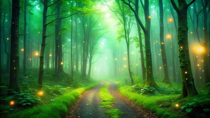 vibrant neon green glow illuminating misty forest trails with eerie fog, eerie calm, shallow focus, bokeh, abstract composition, moody atmosphere, surreal dreamlike quality