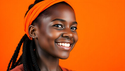A young Black woman with dark skin, braided hair, and a bright orange headband smiling against an orange background