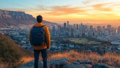 Fototapeta premium Man with Backpack Contemplating Cityscape at Sunset