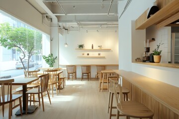 Fototapeta premium A modern caf? interior with wooden furniture and natural light.
