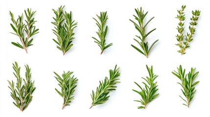 Fototapeta premium Nine varieties of fresh rosemary sprigs arranged neatly in rows on a white background, displaying different sizes and growth stages of the herb.