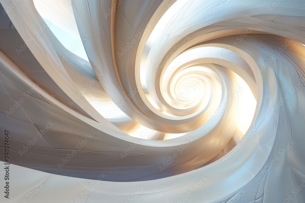 Poster a very large spiral-shaped structure with light shining through it, spiraling shapes and spiraling l
