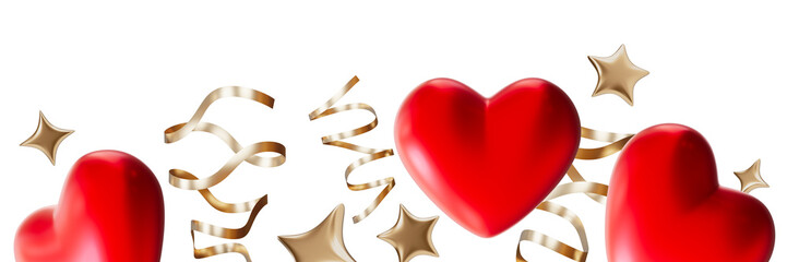 Elegant Valentines Day footer with red hearts, golden ribbons and stars, on transparent background. Modern border perfect for festive and romantic theme. Bottom of the sheet. Foreground. 3D.