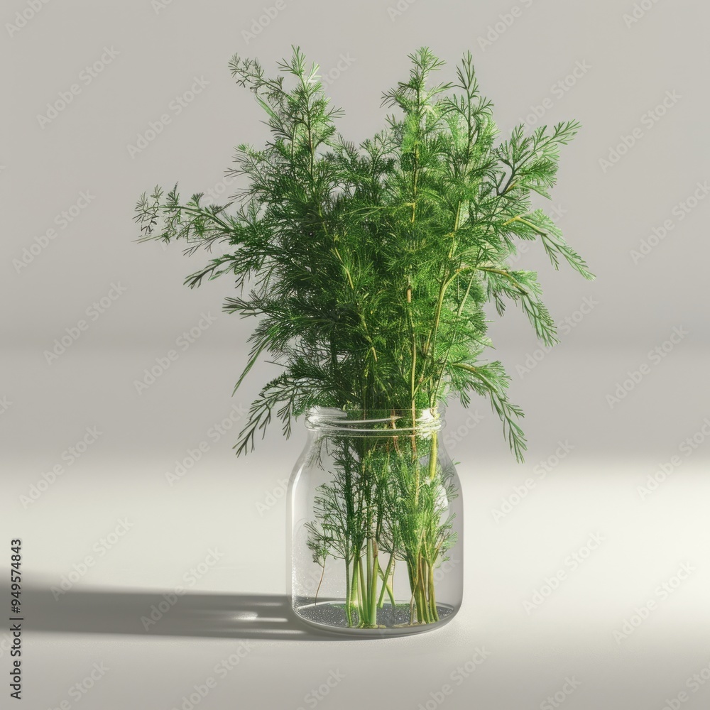 Sticker Fresh green sprigs of dill in a glass jar on a neutral background.