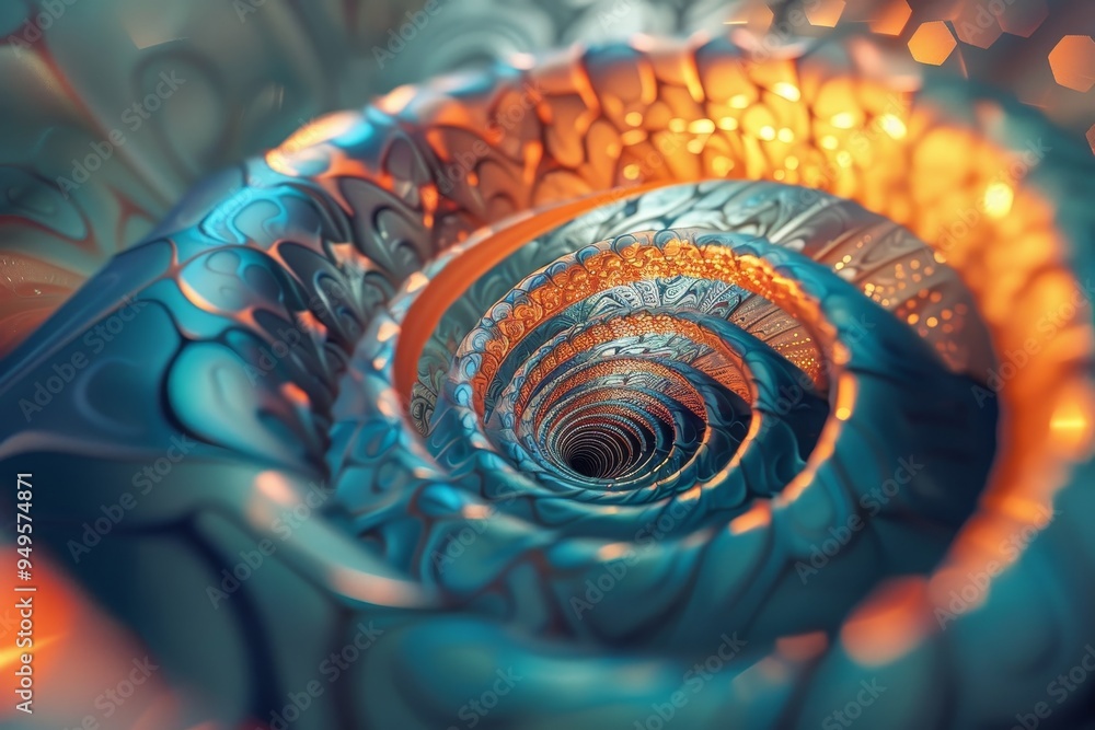 Poster detailed view of a spiral shaped object, spiraling shapes and spiraling lines in a design that promo