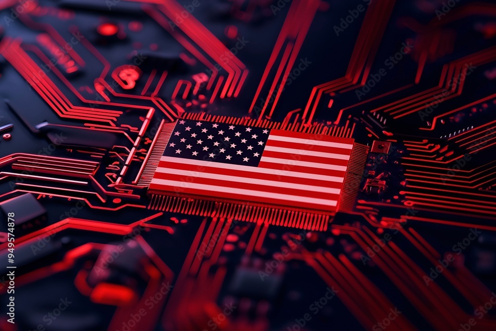 Poster a microchip with the american flag, representing the progress of us technology in ai