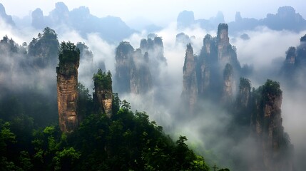 Zhangjiajie National Forest Park: The towering sandstone pillars of Zhangjiajie National Forest Park, shrouded in mist and greenery.
