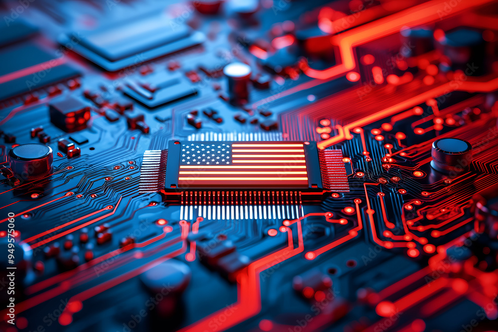 Poster a microchip with the american flag, representing the progress of us technology in ai